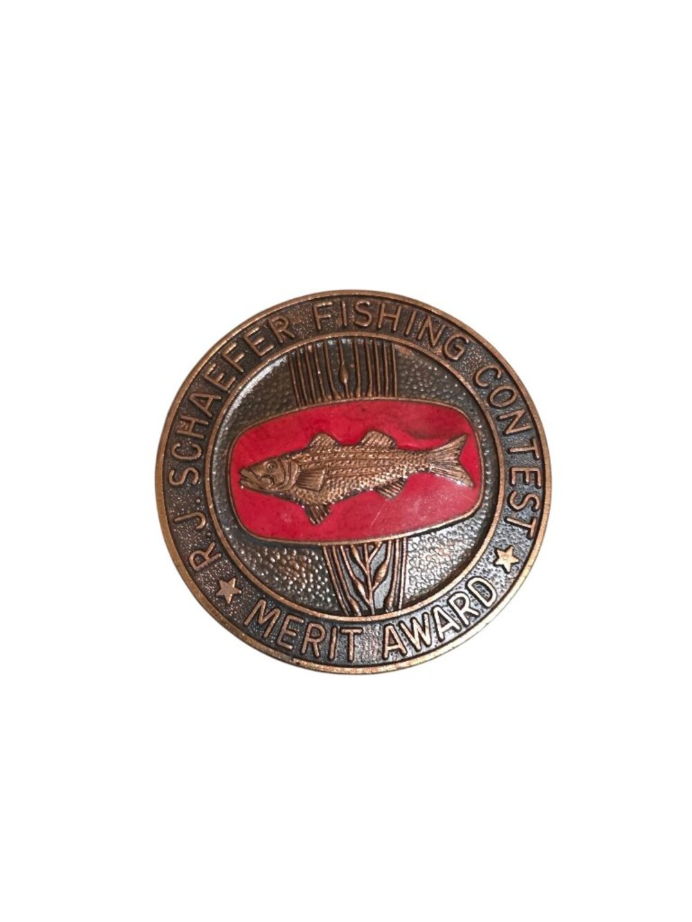 Vtg R.J Schaefer Fishing Contest Merit Award Enamel Copper Brooch Pin 2" x 2"